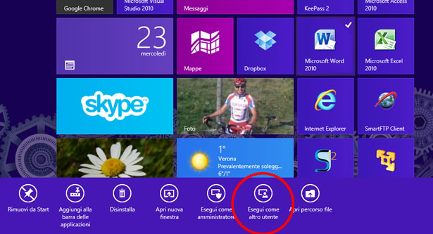 Aggiungere Esegui come altro utente in Windows 8