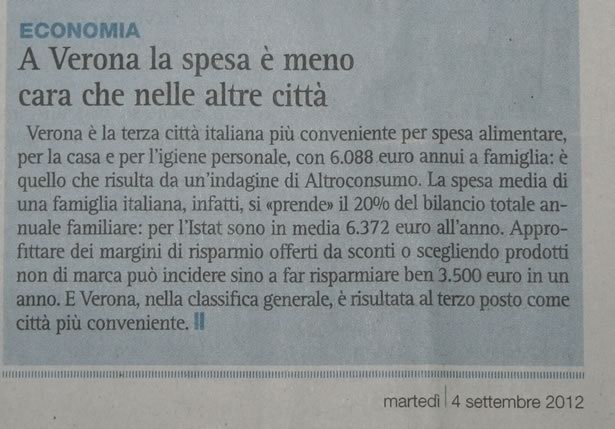 Verona terza città più conveniente secondo Altroconsumo